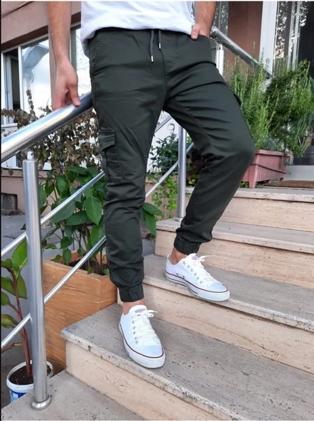 Slim Fit None Denim Yandan Cepli Bel Bağcıklı, Paçaları Lastikli Esnek Kumaş Erkek Kargo Pantolon - 4