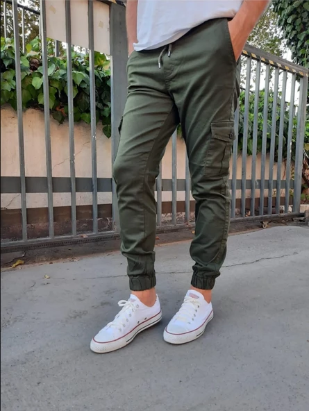 Slim Fit None Denim Yandan Cepli Bel Bağcıklı, Paçaları Lastikli Esnek Kumaş Erkek Kargo Pantolon - 5