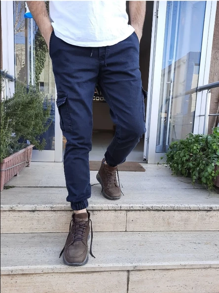 Slim Fit None Denim Yandan Cepli Bel Bağcıklı, Paçaları Lastikli Esnek Kumaş Erkek Kargo Pantolon - 10
