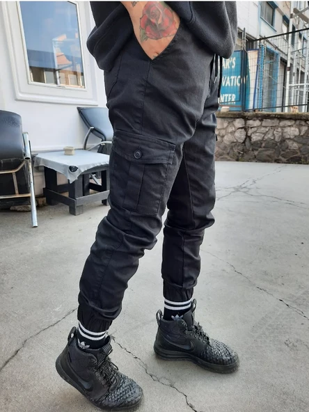 Slim Fit None Denim Yandan Cepli Bel Bağcıklı, Paçaları Lastikli Esnek Kumaş Erkek Kargo Pantolon