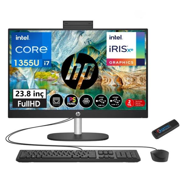 HP ProOne 240 G10 İntel Core İ7 1355U 64GB RAM 2TB SSD 23.8 FHD IPS FREEDOS ALL IN ONE BİLGİSAYAR 88T2W7ES12+ZettaUsbBellek