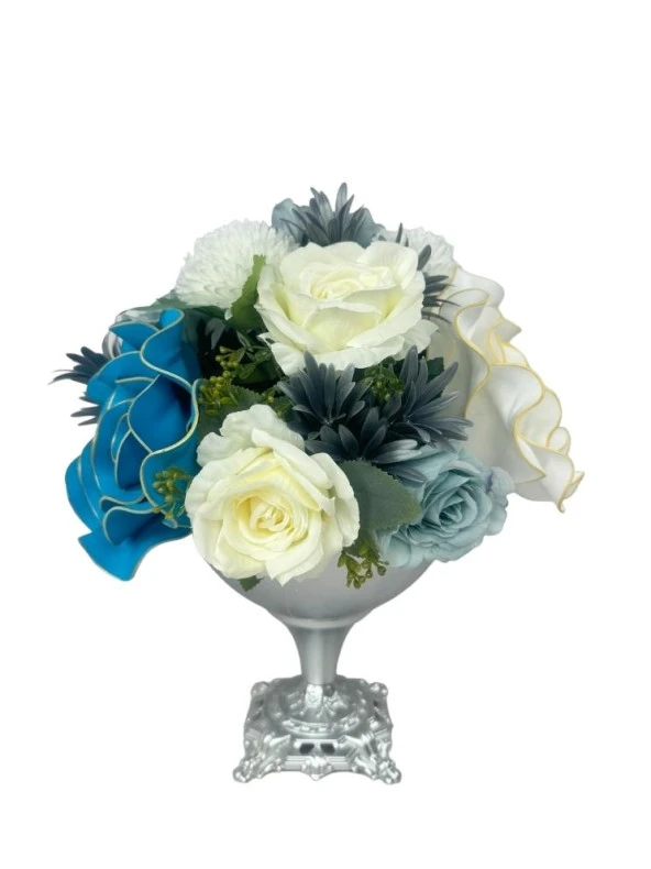 Nettenevime Yapay Çiçek Aranjmanı Büyük Boy Mavi Beyaz Tonlar Gümüş Metal Vazolu Arajman Nişan Kız İsteme Çiçeği ürün görseli 1