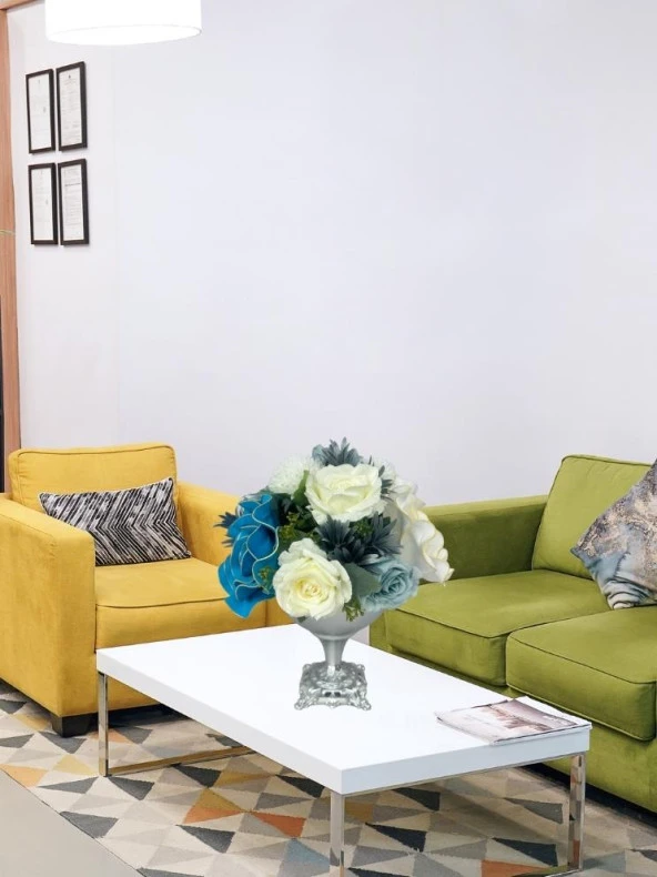 Nettenevime Yapay Çiçek Aranjmanı Büyük Boy Mavi Beyaz Tonlar Gümüş Metal Vazolu Arajman Nişan Kız İsteme Çiçeği - Resim 2