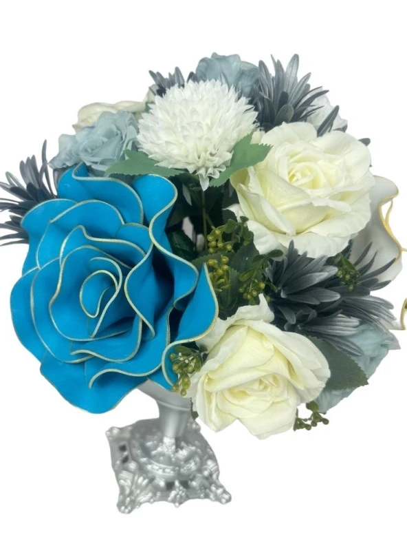 Nettenevime Yapay Çiçek Aranjmanı Büyük Boy Mavi Beyaz Tonlar Gümüş Metal Vazolu Arajman Nişan Kız İsteme Çiçeği - Resim 3