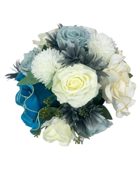 Nettenevime Yapay Çiçek Aranjmanı Büyük Boy Mavi Beyaz Tonlar Gümüş Metal Vazolu Arajman Nişan Kız İsteme Çiçeği - Resim 5