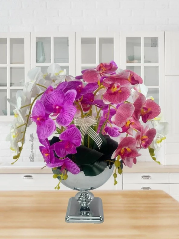 Nettenevime Yapay Çiçek Aranjmanı Büyük Boy Orkide Mix Renk Gümüş Metal Vazolu Arajman Nişan Kız İsteme Çiçeği - Resim 3