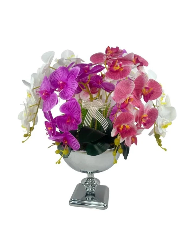 Nettenevime Yapay Çiçek Aranjmanı Büyük Boy Orkide Mix Renk Gümüş Metal Vazolu Arajman Nişan Kız İsteme Çiçeği - Resim 7