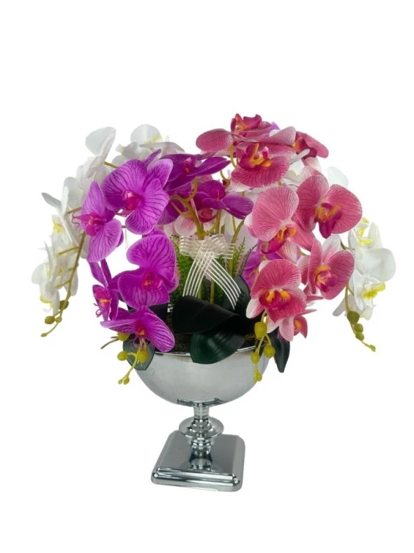 Nettenevime Yapay Çiçek Aranjmanı Büyük Boy Orkide Mix Renk Gümüş Metal Vazolu Arajman Nişan Kız İsteme Çiçeği - Resim 8