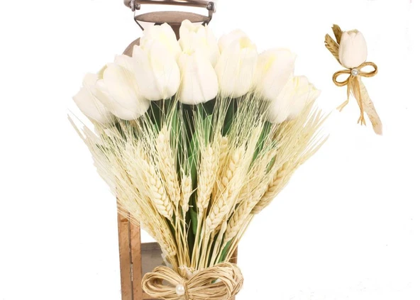 Nettenevime Gelin Çiçeği Yapay Çiçek Beyaz Islak Lale Lale Ve Krem Başak Kuru Çiçek Dalları Gelin Buketi - 3