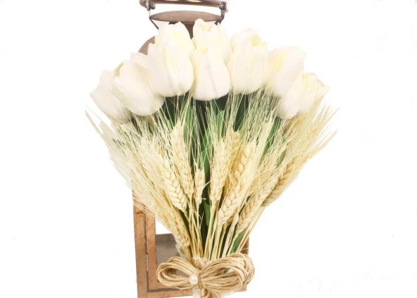 Nettenevime Gelin Çiçeği Yapay Çiçek Beyaz Islak Lale Lale Ve Krem Başak Kuru Çiçek Dalları Gelin Buketi - 4