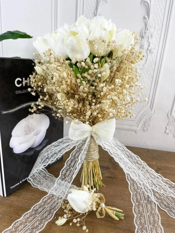 Nettenevime Gelin Çiçeği Yapay Çiçek Beyaz Islak Lale Lale Ve Krem Cipso ve Kuru Çiçek Dalları Gelin Buketi