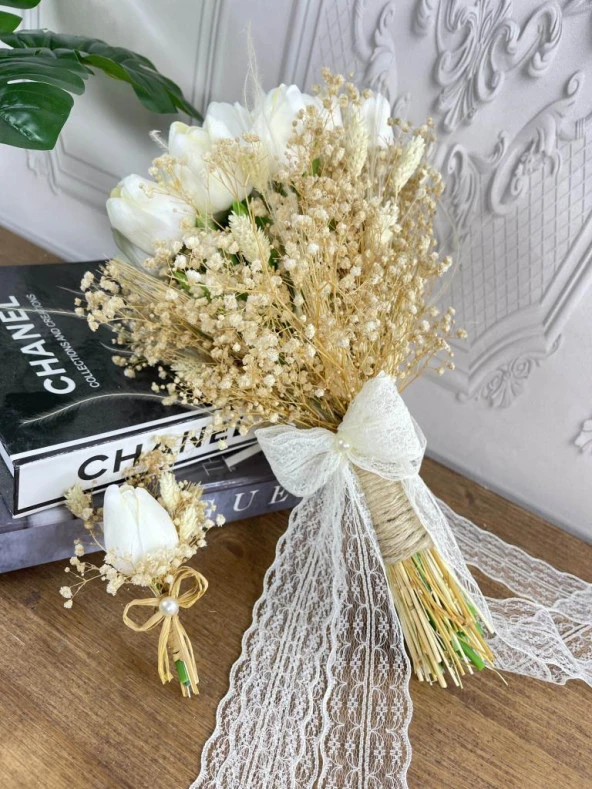 Nettenevime Gelin Çiçeği Yapay Çiçek Beyaz Islak Lale Lale Ve Krem Cipso ve Kuru Çiçek Dalları Gelin Buketi - 2