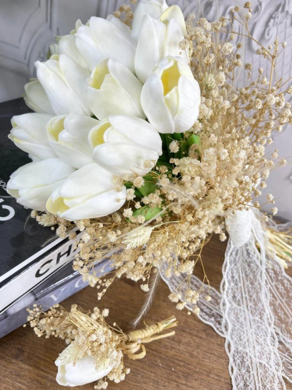 Nettenevime Gelin Çiçeği Yapay Çiçek Beyaz Islak Lale Lale Ve Krem Cipso ve Kuru Çiçek Dalları Gelin Buketi - 3