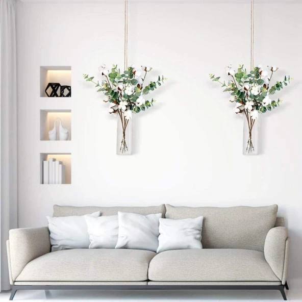 Nettenevime 4 Lü Set Okaliptuslu Doğal Pamuk Çiçeği Dalı 5li Kuru Çiçek Yapay Çiçek - 5