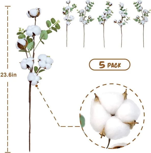 Nettenevime 4 Lü Set Okaliptuslu Doğal Pamuk Çiçeği Dalı 5li Kuru Çiçek Yapay Çiçek - 7