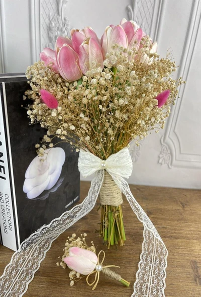 Nettenevime Gelin Çiçeği Yapay Çiçek Pembe Islak Lale Lale Ve Krem Cipso ve Kuru Çiçek Dalları Gelin Buketi - 2