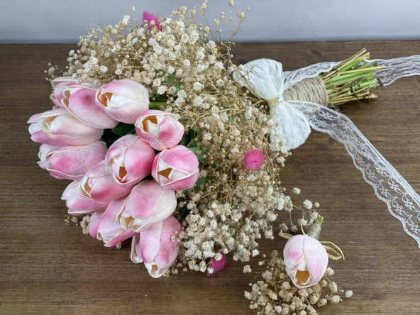 Nettenevime Gelin Çiçeği Yapay Çiçek Pembe Islak Lale Lale Ve Krem Cipso ve Kuru Çiçek Dalları Gelin Buketi - 3