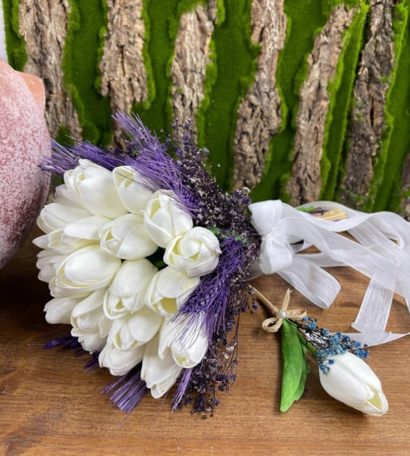 Nettenevime Gelin Çiçeği Yapay Çiçek Beyaz Islak Lale Ve Kuru Çiçek Mor Cipso Başak Aranjmanı Gelin Buketi - 3