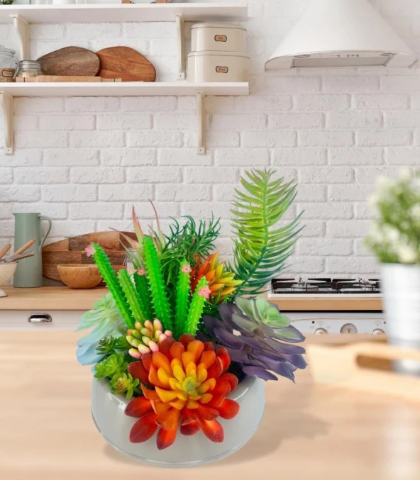 Nettenevime Yapay Çiçek Kaktüs Sukulent Aranjmanı Mokka Renk Plastik Saksıda 10 adet Karışık Model Skulent - 4