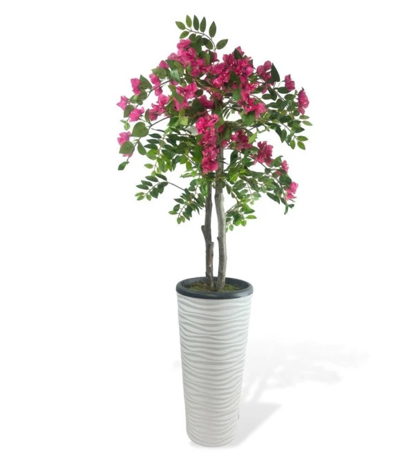 Nettenevime Yapay Ağaç Begonvil Ağacı Fuşya Bodrum Çiçeği Beyaz Kumsal Vazoda 150cm