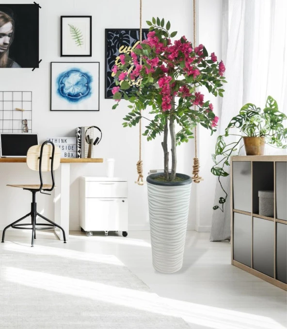 Nettenevime Yapay Ağaç Begonvil Ağacı Fuşya Bodrum Çiçeği Beyaz Kumsal Vazoda 150cm - 4