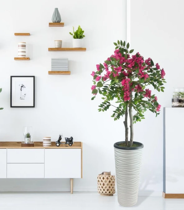 Nettenevime Yapay Ağaç Begonvil Ağacı Fuşya Bodrum Çiçeği Beyaz Kumsal Vazoda 150cm - 5