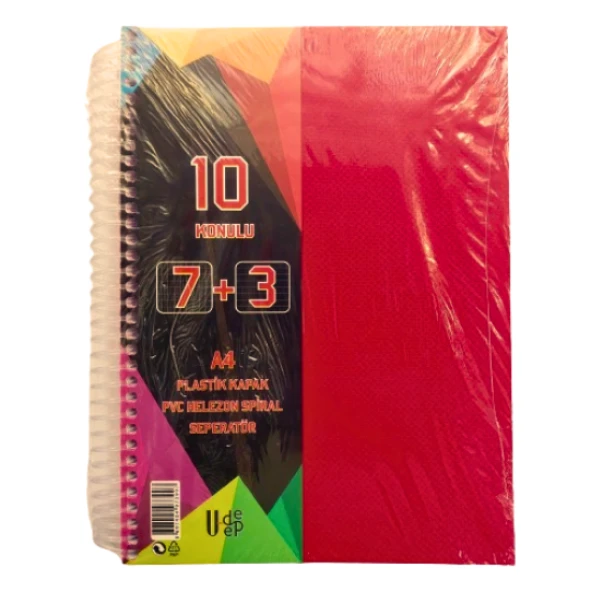 a4 boy 7+3 ayraçlı defter dersane defteri (7 kareli 3 çizgili ) 250 yaprak 10 bölümlü udep kırmızı