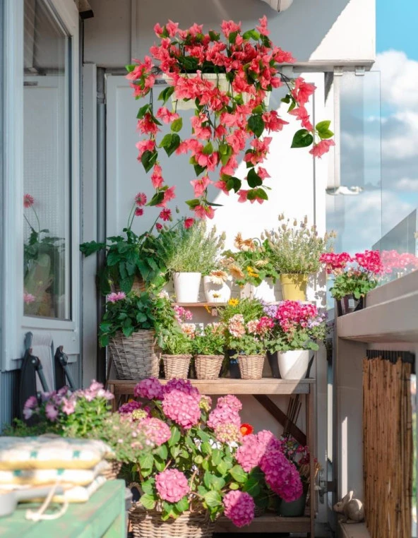Nettenevime Yapay Çiçek Pembe Begonvil Küpeşte Askılı Saksıda Balkon Çiçeği Çiçek Sepeti - Resim 3