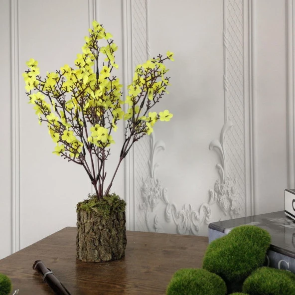 Nettenevime Yapay Çiçek Ahşap Kütük Saksılı Sarı Mineli Bahardalı Dilek Ağacı Dekoratif Çiçek - Resim 2
