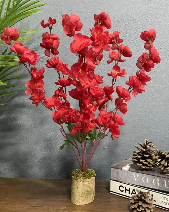 Nettenevime Yapay Çiçek Ahşap Kütük Saksılı Kırmızı Bahardalı Palmiye Ağacı Salon Bitkisi 50cm ürün görseli 1