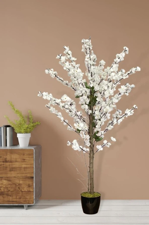 Nettenevime Yapay Ağaç Bahardalı Ağacı Beyaz Japon Kiraz Çiçeği Sakura Çiçeği 127x70cm Siyah Plastik Saksılı - Resim 2