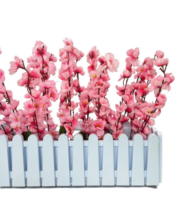Yapay Çiçek Beyaz Çit Balkon Saksısı Pembe Bahardalı 55*20cm - 5