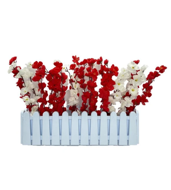 Nettenevime Yapay Çiçek Beyaz Çit Balkon Saksısı Kırmızı Beyaz Bahardalı 55*40cm ürün görseli 1