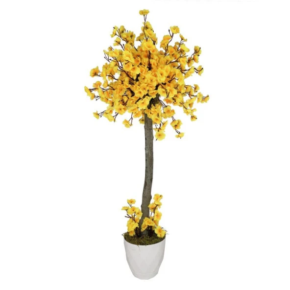 Yapay Ağaç Sarı Bahar Dalı Japon Kiraz Çiçeği Beyaz Saksılı 90cm - 3