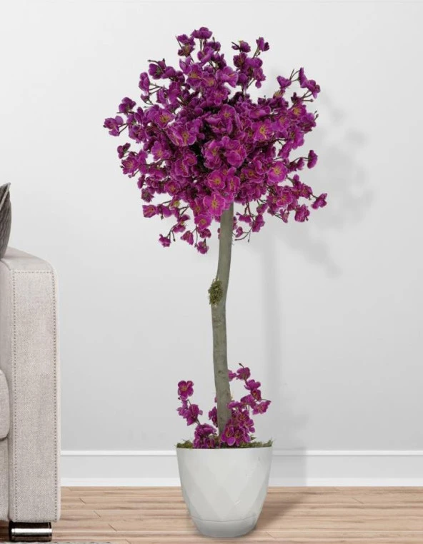 Nettenevime Yapay Ağaç Mor Bahar Dalı Japon Kiraz Çiçeği Beyaz Saksılı 90cm