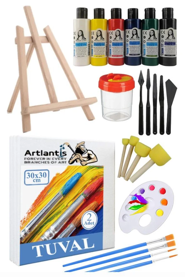 30x30 Tuval Seti 1 Paket Masa Üstü Şövale Mydido Akrilik Boya Plastik Spatula Resim Fırçası Palet Ponpon Sünger Fırça