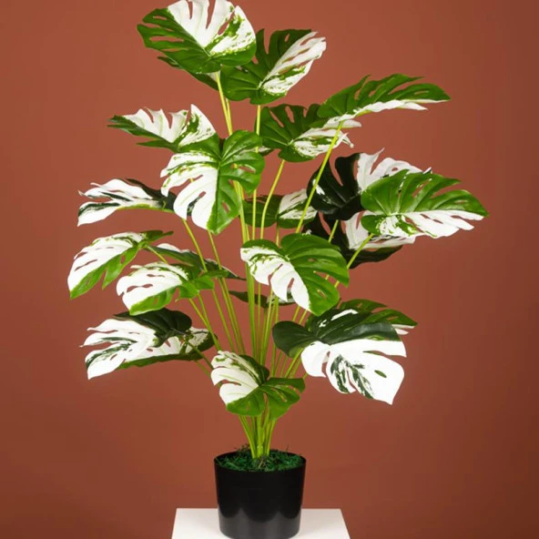 Nettenevime Yapay Ağaç Salon Bitkisi Beyaz Monstera 70 cm 18 Yaprak Antrasit Saksıda Deve Tabanı