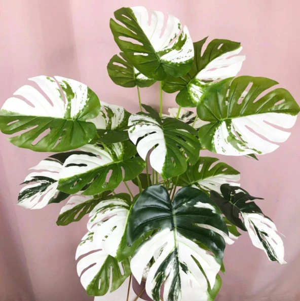 Nettenevime Yapay Ağaç Salon Bitkisi Beyaz Monstera 70 cm 18 Yaprak Antrasit Saksıda Deve Tabanı - 3