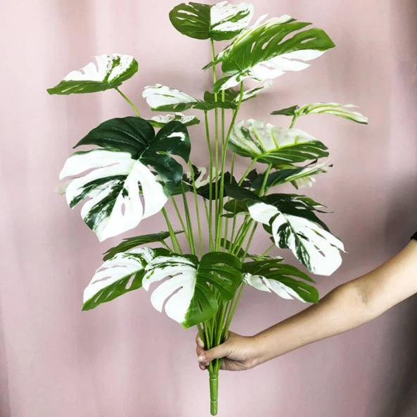 Nettenevime Yapay Ağaç Salon Bitkisi Beyaz Monstera 70 cm 18 Yaprak Antrasit Saksıda Deve Tabanı - 5
