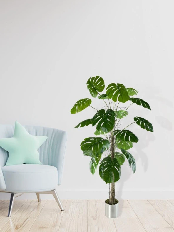 Yapay Ağaç Monstera 18 Dallı Çalılı Gövde 120x60cm Gümüş Aleminyum Saksıda - 3
