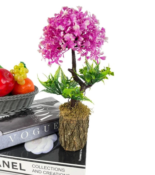 Nettenevime Bonsai Dekoratif Yapay Ağaç Yarım Top Kafalı Lila Bonzai 30CM