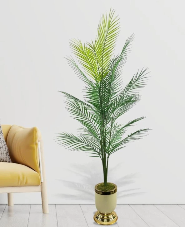 Nettenevime Yapay Ağaç Areka Ağacı Salon Bitkisi Krem Gold Metal Vazoda 130 cm 12 Yaprak - Resim 2
