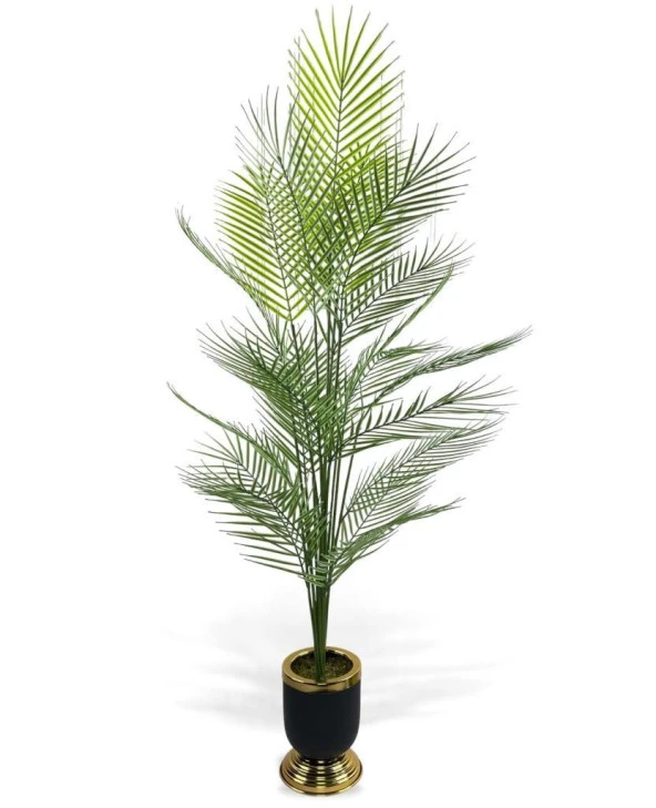 Nettenevime Yapay Ağaç Areka Ağacı Salon Bitkisi Siyah Gold Metal Vazoda 130 cm 12 Yaprak