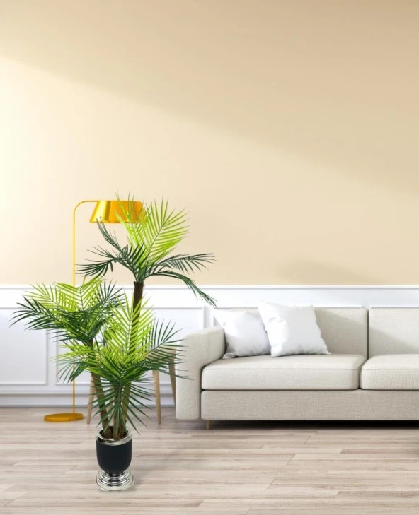 Yapay Ağaç Areka Palmiye Metal SiyahGümüş Lüks Vazoda 3Katlı 18Yaprak 110cm Salon Çiçeği Yapay Çiçek - 2