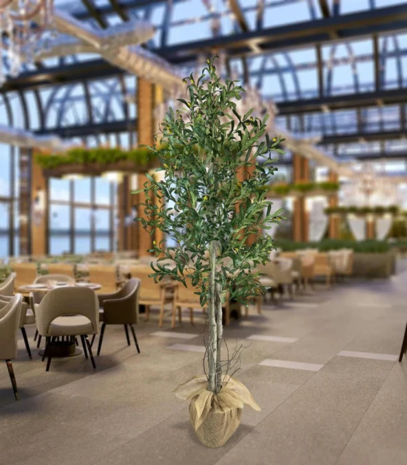 Nettenevime Yapay Zeytin Ağacı 190cm Keten Sarılı Plastik Saksıda İki Gövdeli Doğal Görünümlü Yapay Ağaç - 3