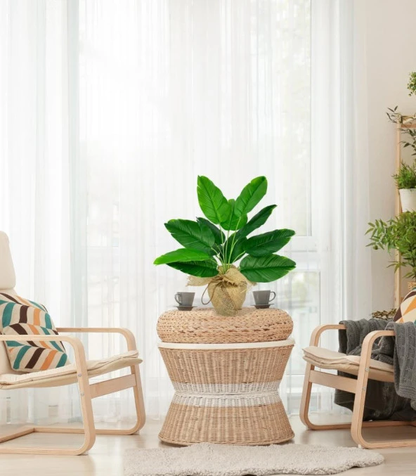 Nettenevime Yapay Çiçek Keten Hasır Saksıda Yeşil Muz Yapraklı 12Dal 50cm Salon Çiçeği Yapay Bitki - Resim 2