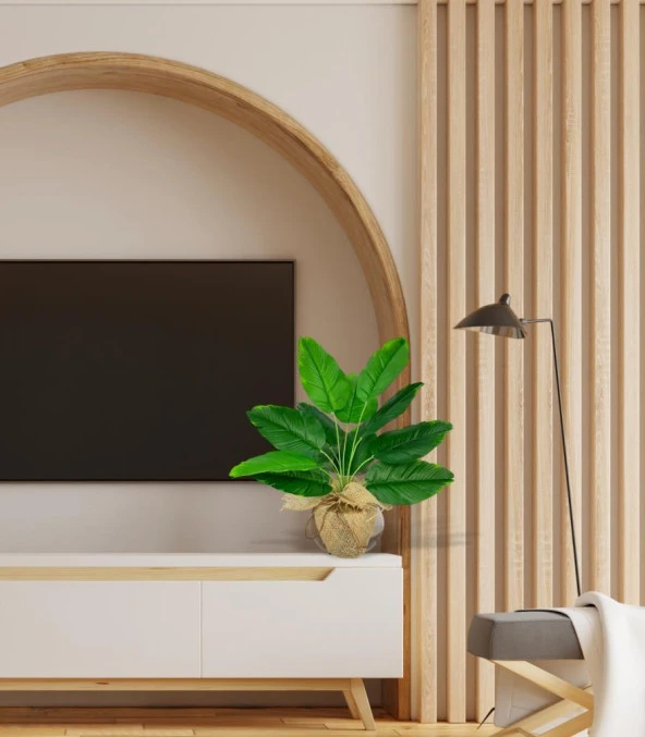 Nettenevime Yapay Çiçek Keten Hasır Saksıda Yeşil Muz Yapraklı 12Dal 50cm Salon Çiçeği Yapay Bitki - Resim 3