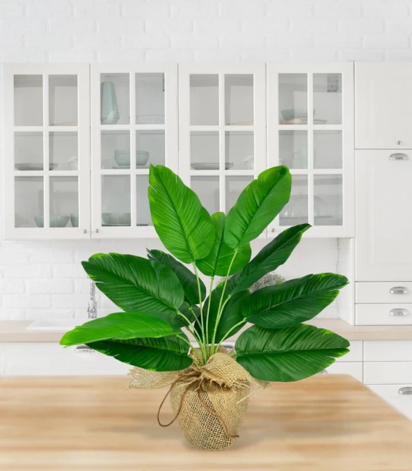 Nettenevime Yapay Çiçek Keten Hasır Saksıda Yeşil Muz Yapraklı 12Dal 50cm Salon Çiçeği Yapay Bitki - Resim 5