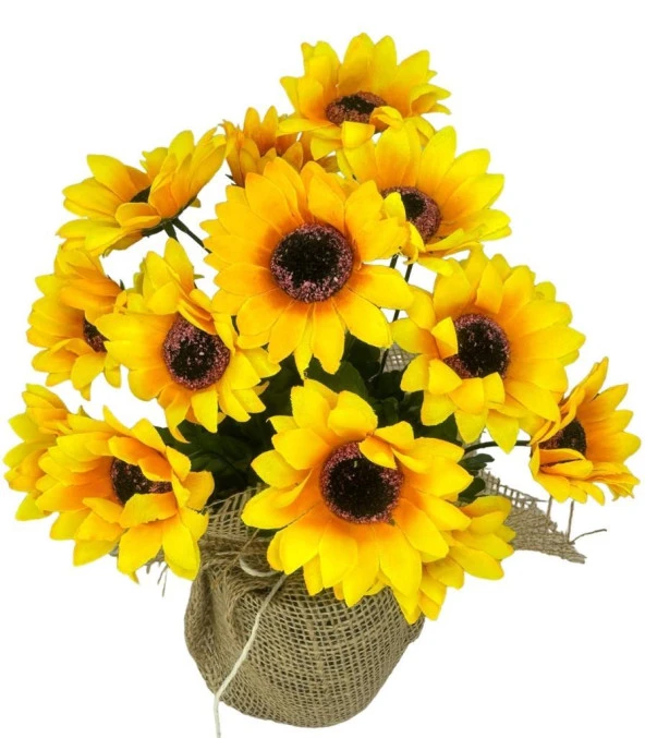 Nettenevime Yapay Çiçek Ay Çiçeği 18 Çiçekli Keten Saksılı Dekoratif Süs Çiçeği - 3