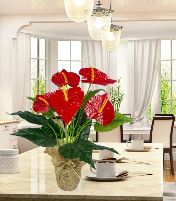 Nettenevime Yapay Çiçek Antoryum Keten Saksılı Yapay Bitki Salon Çiçeği Kırmızı - 6
